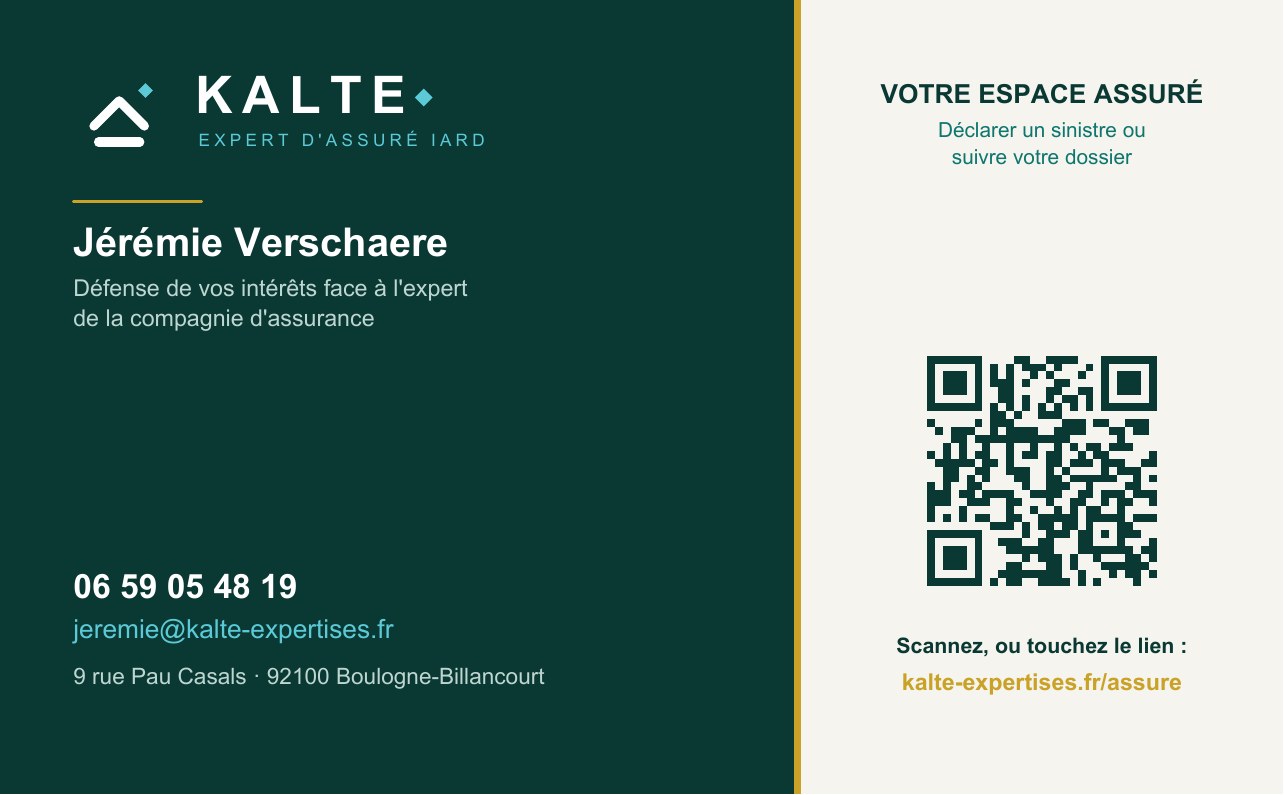 Carte de visite KALTE — Jérémie Verschaere, avec QR code vers l'espace assuré